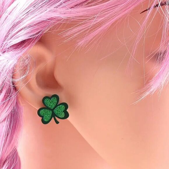 Shamrock Earrings-3 Leaf Clover Stud-St Patricks Day Earrings-Sparkly Green Stud - Picture 4 of 8